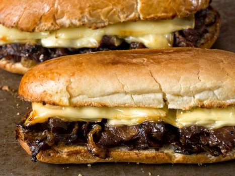 close up of rustic philly cheese steak sandwich