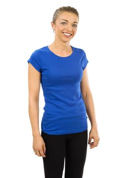 Photo of a woman posing with a blank blue t-shirt, ready for your artwork or design.
