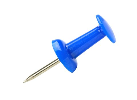 close up of a blue pushpin isolated on white background