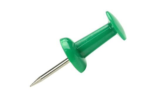 close up of a green pushpin isolated on white background