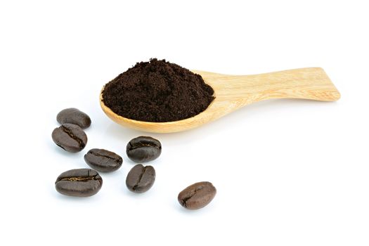 Roasted coffee powder in wooden spoon and coffee beans on white background