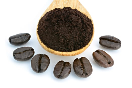 Roasted coffee powder and coffee beans on white background