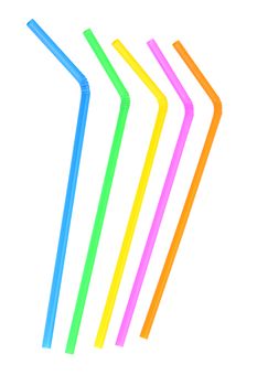 Colorful drinking straws isolated on white. (Blue, Green, Yellow, Pink, Orange)