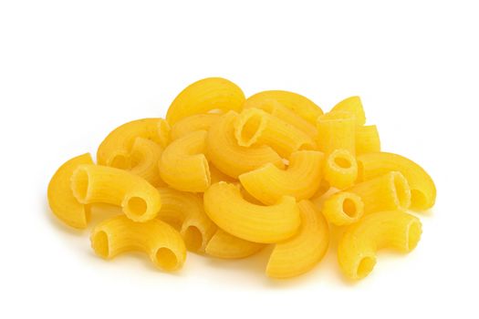 Group of uncooked macaroni pasta on white background