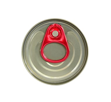 Top view of beverage can with red ring pull isolated on white background