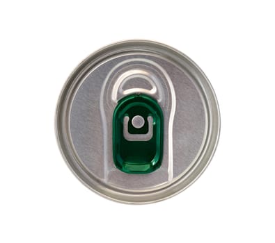 Top view of beverage can with green ring pull isolated on white background