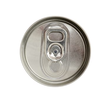 Top view of beverage can with silver ring pull isolated on white background