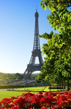 Sunny morning and Eiffel Tower, Paris, France