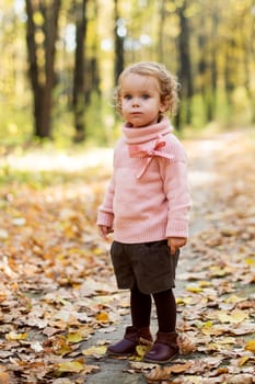 Curly little girl in the autumn forest