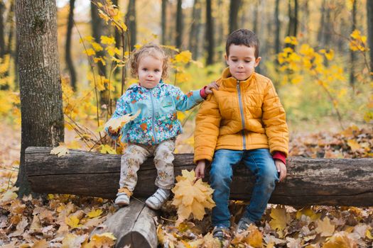 Joyfull kids sitting on log in autumn forest