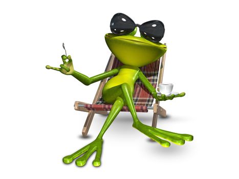 3d Illustration of a frog in a deck chair with a cup of coffee