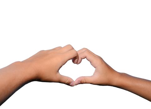 Children's hand keeps fingers in to the heart shape isolated on white background.