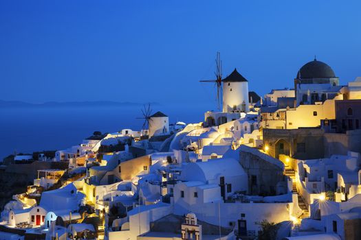 Oia village by night, Santorini, Greece.