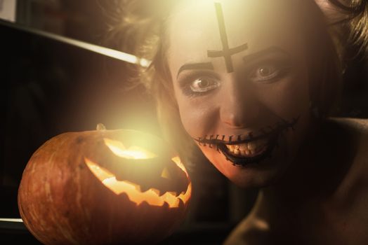 Horrible girl with scary mouth and eyes, halloween theme