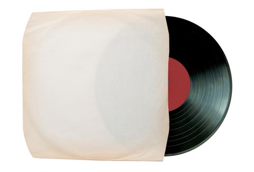 Vinyl record inside a white sleeve over a white background
