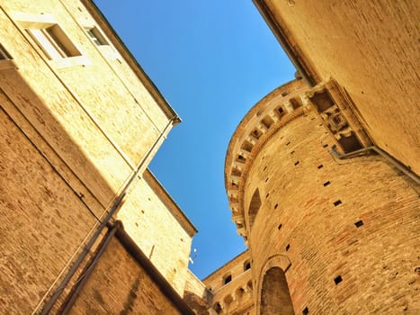 perspective view of a medieval tower in Loreto