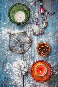 candlestick in the Christmas decorations with fancy Christmas toy