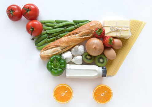 Fruits, vegetables, pasta and dairy products in the shape of a grocery cart icon over a white background