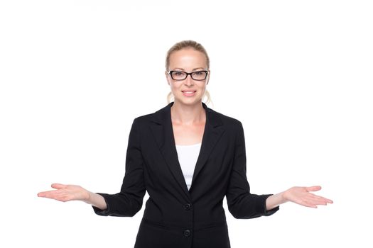 Beautiful young businesswoman smiling, holding open palms with empty copy space. Business woman showing hands sign to sides, concept of advertisement or comparing products. White background.