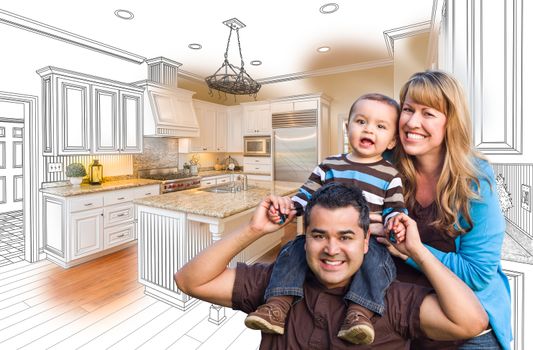 Happy Young Mixed Race Family Over Kitchen Drawing with Photo Combination.
