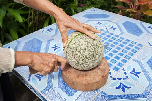 Melon on the table or Cantaloupe salad. Slices of melon on a table.