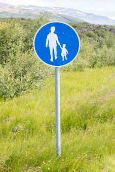 Road sign in Iceland - Pedestrian path near the Silfra gorge