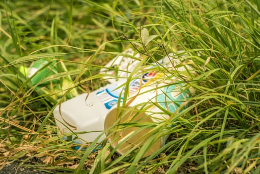 Close-up image with household garbage lying in the grass polluting the environment.