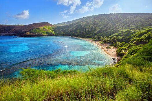 aerial view of snorkeling paradise Hanauma Bay, one of the most popular tourist destinations on Oahu, Hawaii