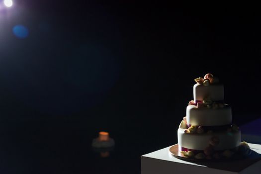 The white wedding cake, decorated with the violet soil and sugar shells. Selective focus.