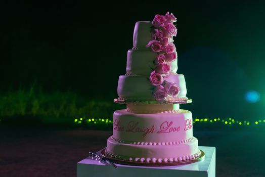 The white wedding cake, decorated with the roses. Selective focus.