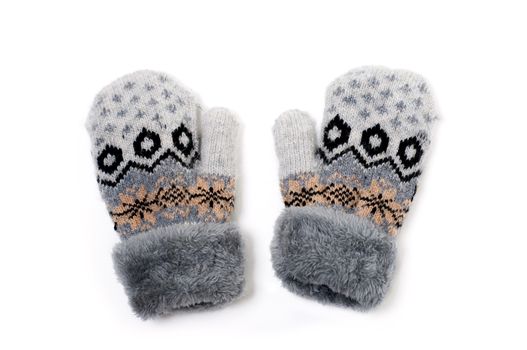 a pair of baby gray gloves with pattern on white background