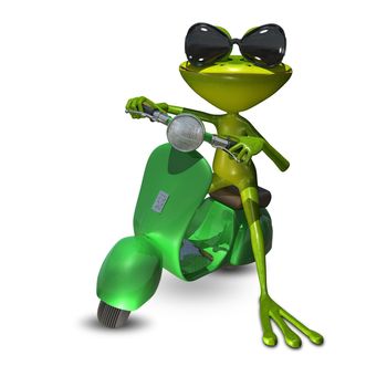 3D Illustration of a green frog on a motor scooter
