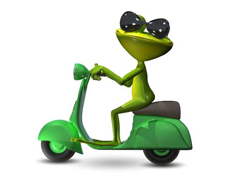 3D Illustration of a green frog on a green motor scooter