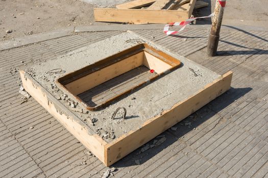 Filled with concrete cesspit prepared for installation