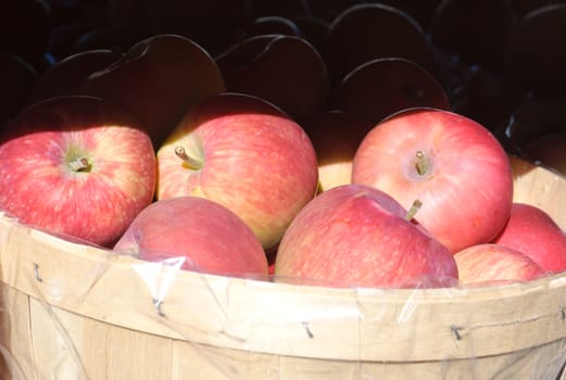 wooden basket of red apples at the market, background for text