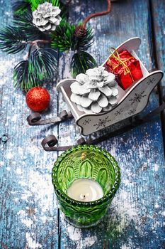 Symbolic sleigh of Santa Claus and Christmas decorations