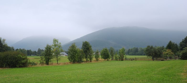 Panorama of beautiful green landscapes in the mist and rain