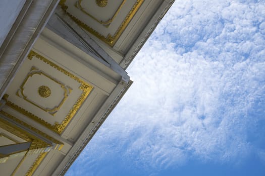 Detail of roof temple' construction with clear sky background at Wat Sothorn, Chachoengsao Thailand