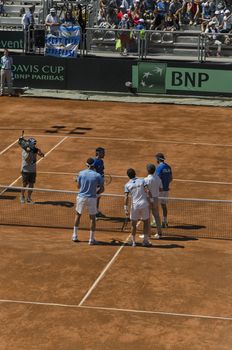 Pesaro, Italy - July 16, 2016: Juan Martin Del Potro, Guido Pella, fabio Fognini and Paolo Lorenzi before the double tennis match