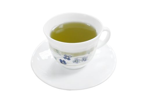 A white ceramic cup of green tea isolated on white background