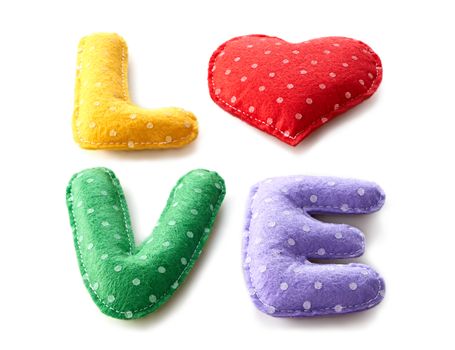 Love, Valentines Day. Word Love polka dots, Heart Handmade, isolated on white. Vintage romantic style. Vivid unusual creative greeting card, multicolored felt, concept