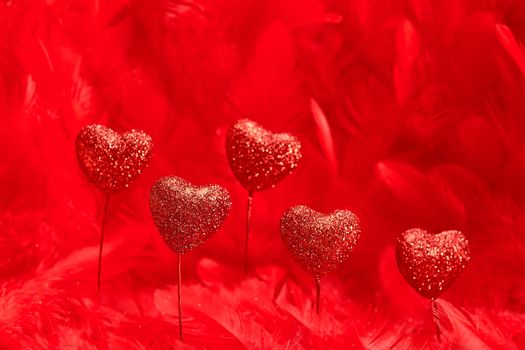 Love hearts. Valentines Day. Shiny on beautiful red feathers background. Vintage romantic style. Vivid greeting card, copyspace.  