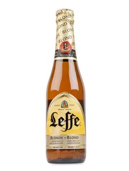 PULA, CROATIA - DECEMBER 13, 2015: Leffe beer bottle. Leffe is a beer brand owned by InBev Belgium marketed as Abbey beer.