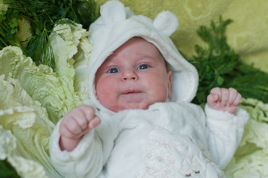 Little smiling baby lays on cabbage leaves