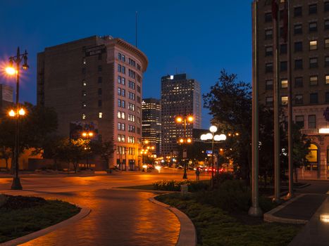 Evening Winnipeg, Main Street, downtown, Canada. Horizontal frame.