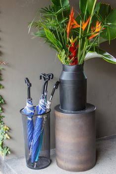 Basket of umbrellas with flower pot