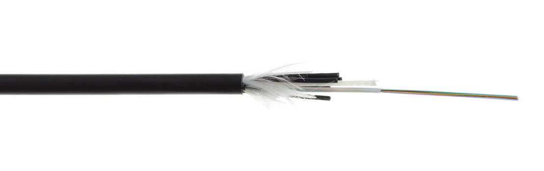 Fiber optic, optical cable detail isolated on white background. Loose tubes with optical fibres and central strenght member including waterblocking glass yarn and ripcord, multimode or single mode