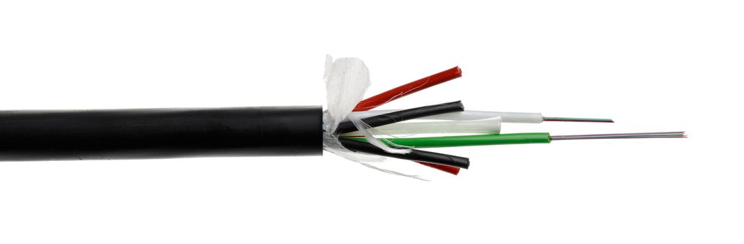 Fiber optic, optical cable detail isolated on white background. Loose tubes with optical fibres and central strenght member including waterblocking glass yarn and ripcord, multimode or single mode