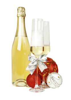 Champagne with two glasses and new year composition isolated on white