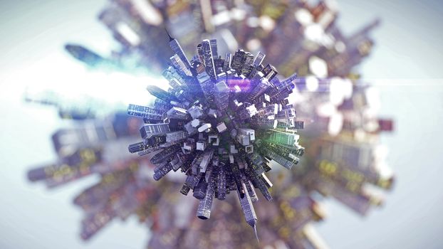 3d rendering of big city on small planet